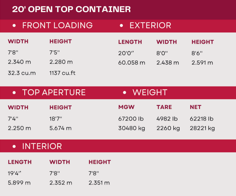 20ft Open Top specifications — dimensions and weights table